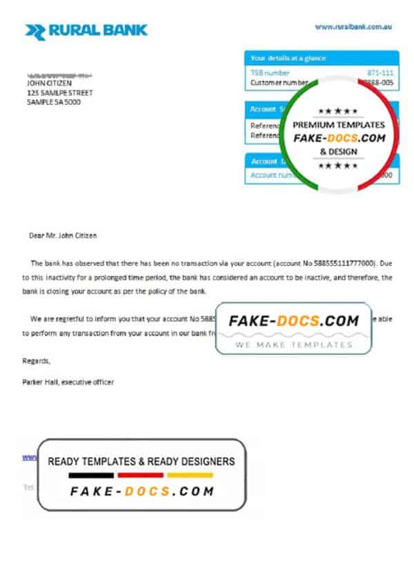 Australia Rural bank account closure reference letter template in Word and PDF format