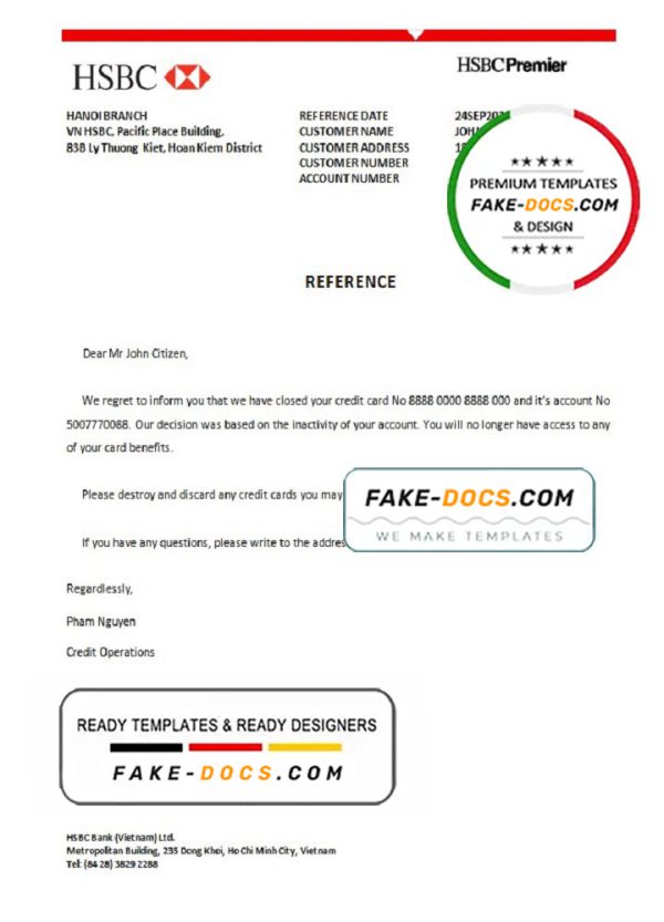 Vietnam HSBC bank account closure reference letter template in Word and PDF format