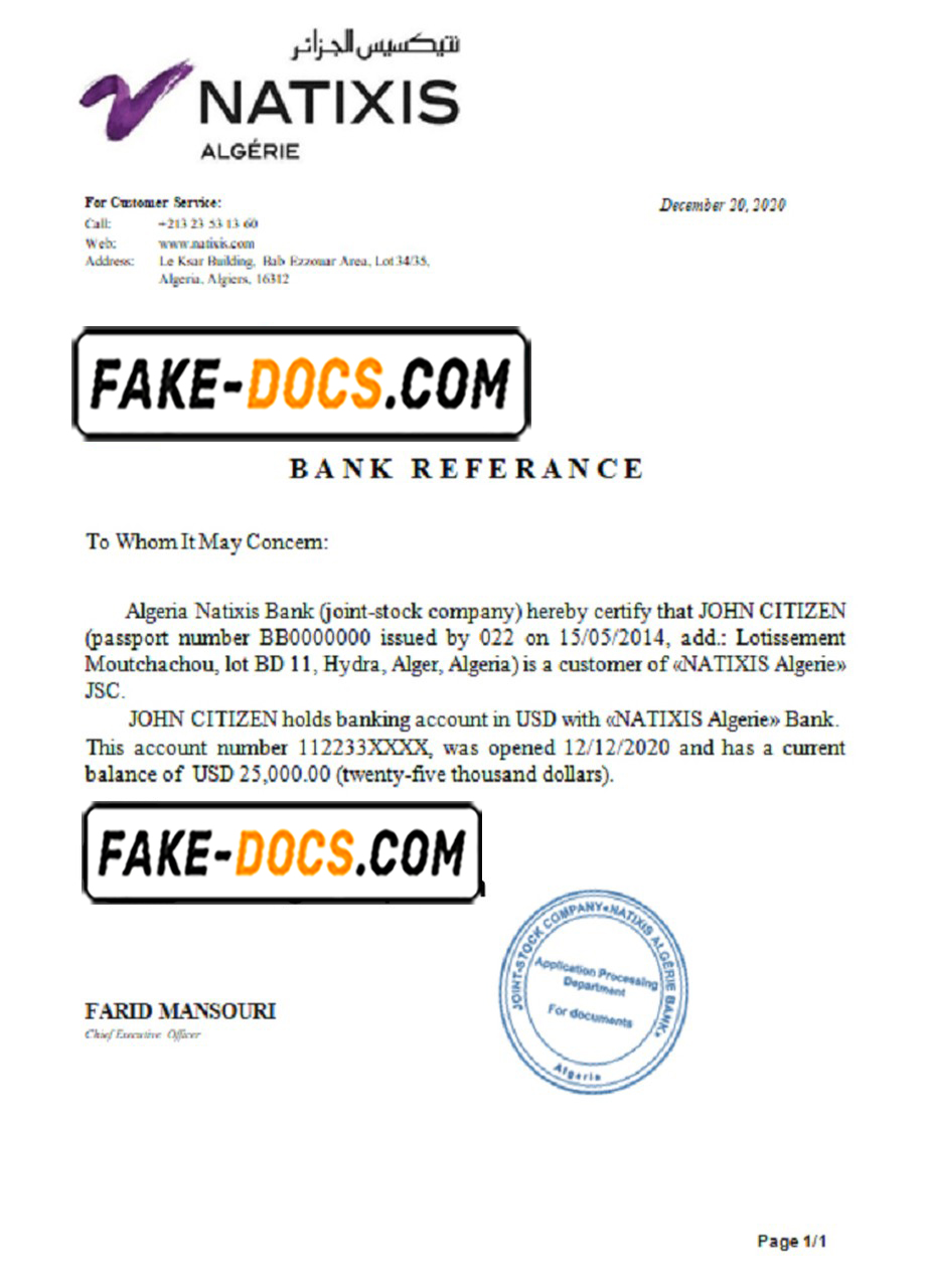Algeria Natixis Algerie bank reference letter template in Word and PDF format
