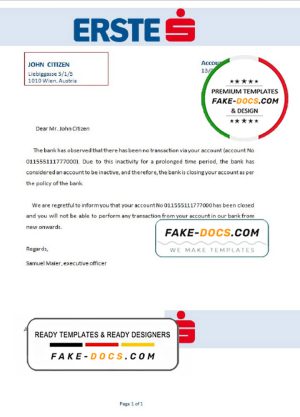 Austria Erste bank account closure reference letter template in Word and PDF format
