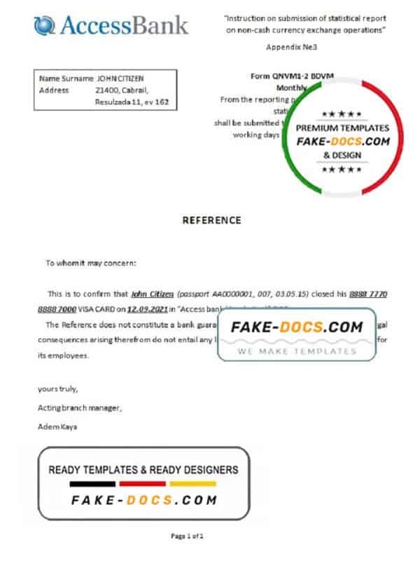 Azerbaijan Access bank account closure reference letter template in Word and PDF format