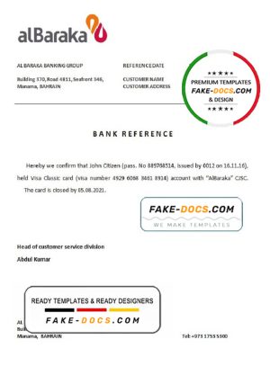 Bahrain Al Baraka bank account closure reference letter template in Word and PDF format
