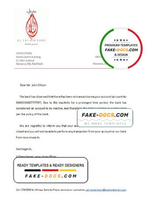 Bahrain Al Salam bank account closure reference letter template in Word and PDF format