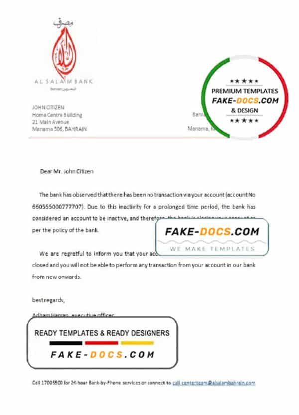 Bahrain Al Salam bank account closure reference letter template in Word and PDF format