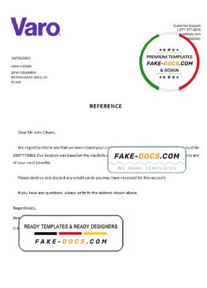 USA Varo bank account closure reference letter template in Word and PDF format