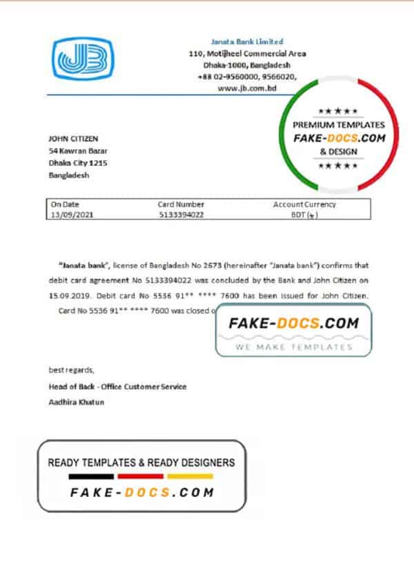 Bangladesh Janata bank account closure reference letter template in Word and PDF format