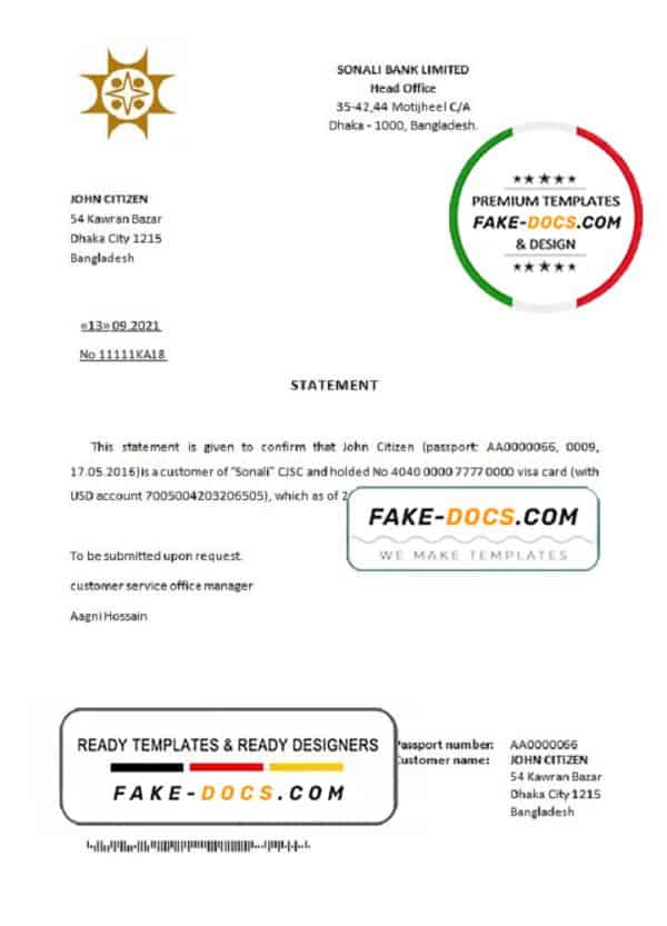 Bangladesh Sonali bank account closure reference letter template in Word and PDF format