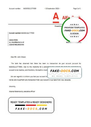 Belarus Alfa bank account closure reference letter template in Word and PDF format