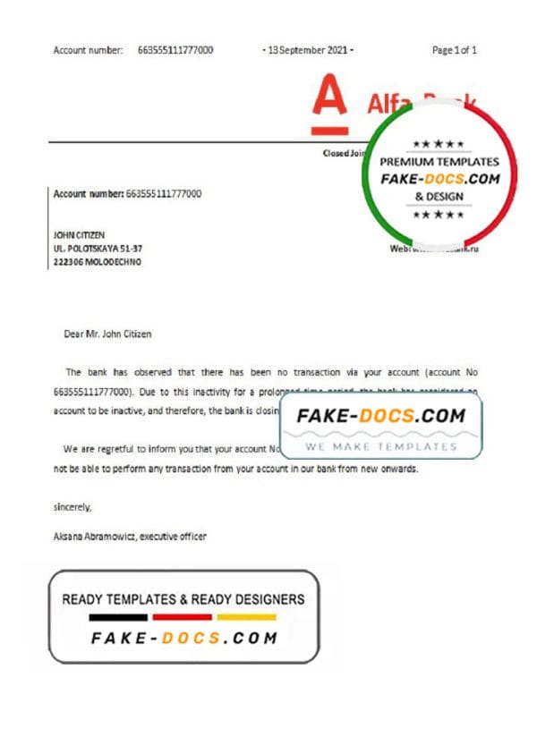 Belarus Alfa bank account closure reference letter template in Word and PDF format