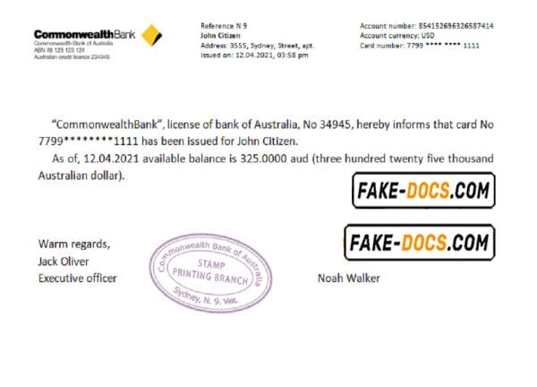 Australia Commonwealth bank account reference letter template in Word and PDF format