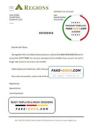USA Regions bank account closure reference letter template in Word and PDF format