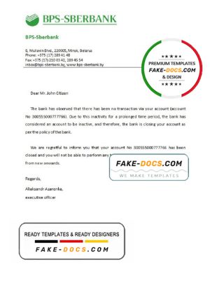 Belarus BPS-SBERBANK bank account closure reference letter template in Word and PDF format