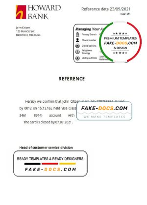 USA Howard Bank bank account closure reference letter template in Word and PDF format