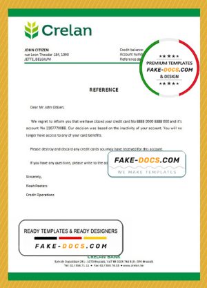 Belgium Crelan bank account closure reference letter template in Word and PDF format