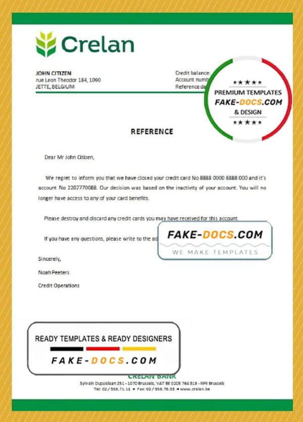 Belgium Crelan bank account closure reference letter template in Word and PDF format