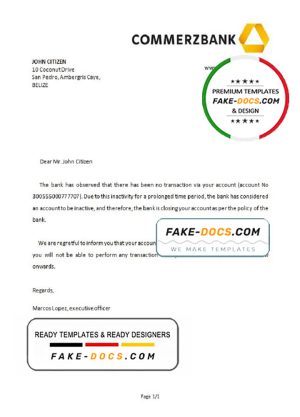 Belize Commerzbank bank account closure reference letter template in Word and PDF format