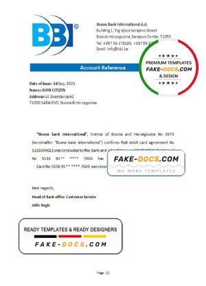 Bosnia and Herzegovina Bosna Bank International bank account closure reference letter template in Word and PDF format