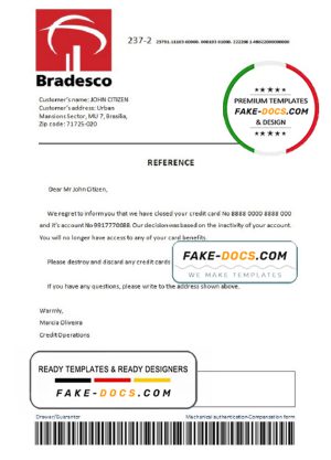 Brazil Bradesco bank account closure reference letter template in Word and PDF format