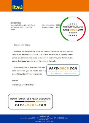 Brazil Itau bank account closure reference letter template in Word and PDF format