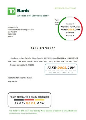 Brazil TD bank account closure reference letter template in Word and PDF format