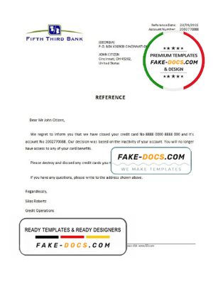 USA Fifth Third Bank bank account closure reference letter template in Word and PDF format