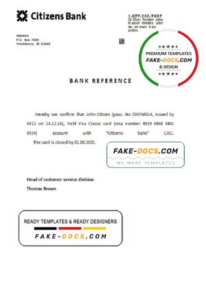 USA Citizens Bank bank account closure reference letter template in Word and PDF format