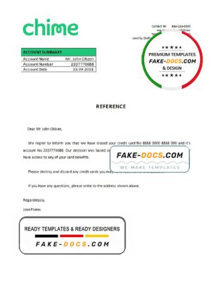 USA Chime bank account closure reference letter template in Word and PDF format