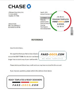 USA Chase bank account closure reference letter template in Word and PDF format