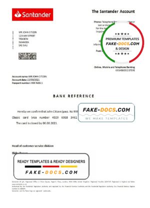 United Kingdom Santander bank account closure reference letter template in Word and PDF format
