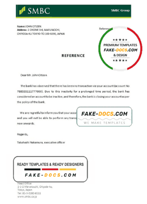 Japan SMBC bank account closure reference letter template in Word and PDF format