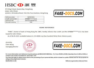 Hong Kong HSBC bank reference letter template in Word and PDF format
