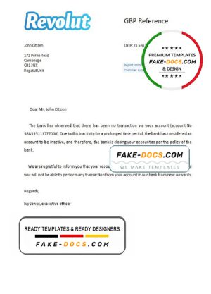 United Kingdom Revolut bank account closure reference letter template in Word and PDF format