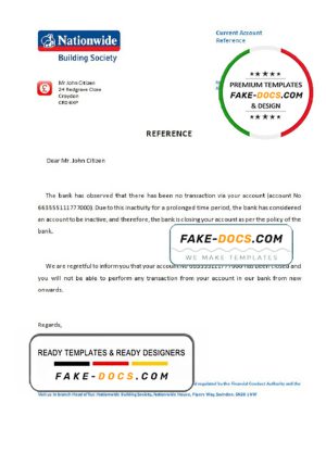United Kingdom Nationwide bank account closure reference letter template in Word and PDF format