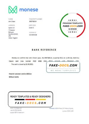 United Kingdom Monese bank account closure reference letter template in Word and PDF format