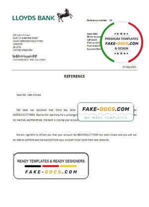 United Kingdom Lloyds bank account closure reference letter template in Word and PDF format
