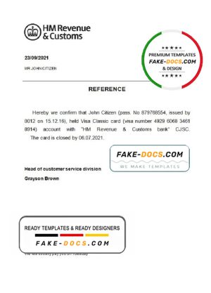 United Kingdom HM Revenue & Customs bank account closure reference letter template in Word and PDF format
