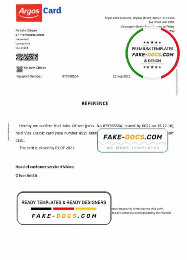 United Kingdom Argos card bank account payment closure reference proof