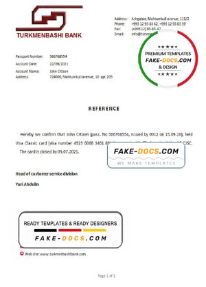 Turkmenistan Turkmenbashi bank account closure reference letter template in Word and PDF format