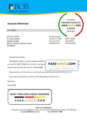 The Bahamas Bank of The Bahamas bank account closure reference letter template in Word and PDF format