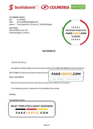 Colombia Scotiabank Colpatria bank account closure reference letter template in Word and PDF format