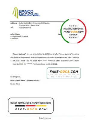 Costa Rica Banco Nacional de Costa Rica bank account closure reference letter template in Word and PDF format