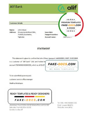 Tajikistan Alif bank account closure reference letter template in Word and PDF format