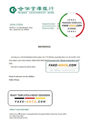 Taiwan Cooperative Bank account closure reference letter template in Word and PDF format