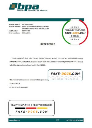 Cuba Banco Popular de Ahorro (BPA) bank account closure reference letter template in Word and PDF format