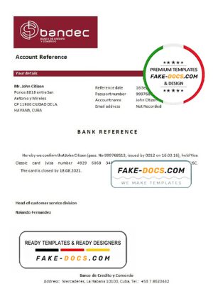 Cuba Bandec Banco de Credito y Comercio bank account closure reference letter template in Word and PDF format