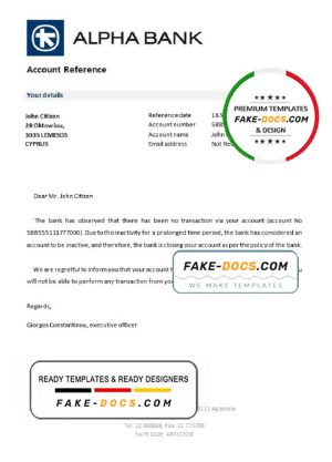 Cyprus Alpha Bank account closure reference letter template in Word and PDF format