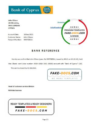 Cyprus Bank of Cyprus bank account closure reference letter template in Word and PDF format