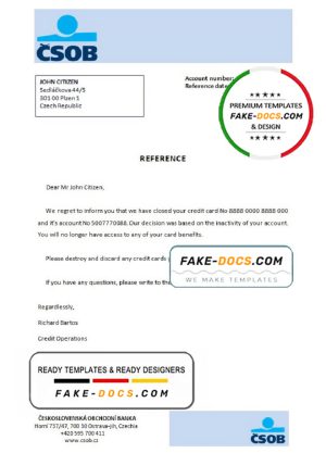 Czech Republic Československá Obchodní Banka account closure reference letter template in Word and PDF format