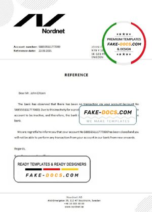 Sweden Nordnet bank account closure reference letter template in Word and PDF format
