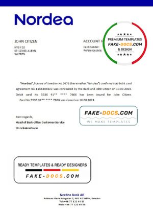 Sweden Nordea bank account closure reference letter template in Word and PDF format